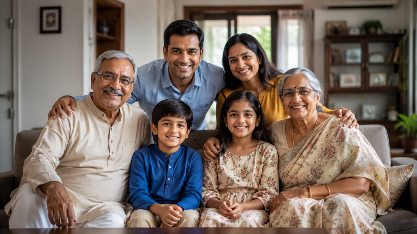 Three generations of an Indian family sitting together at home
